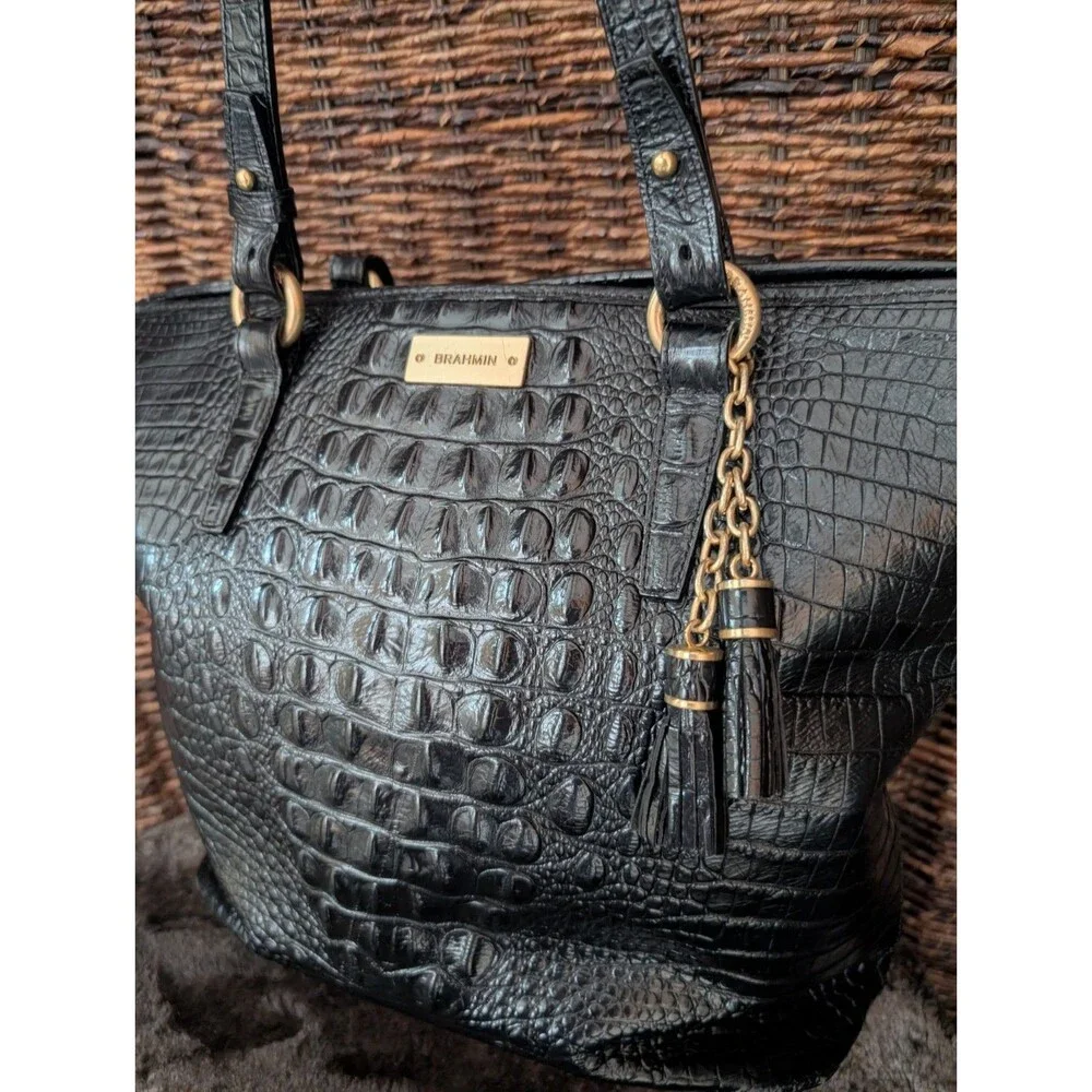 Brahmin Asher Medium Tote Bag Leather Croc Embossed Black Shoulder Purse Exotic